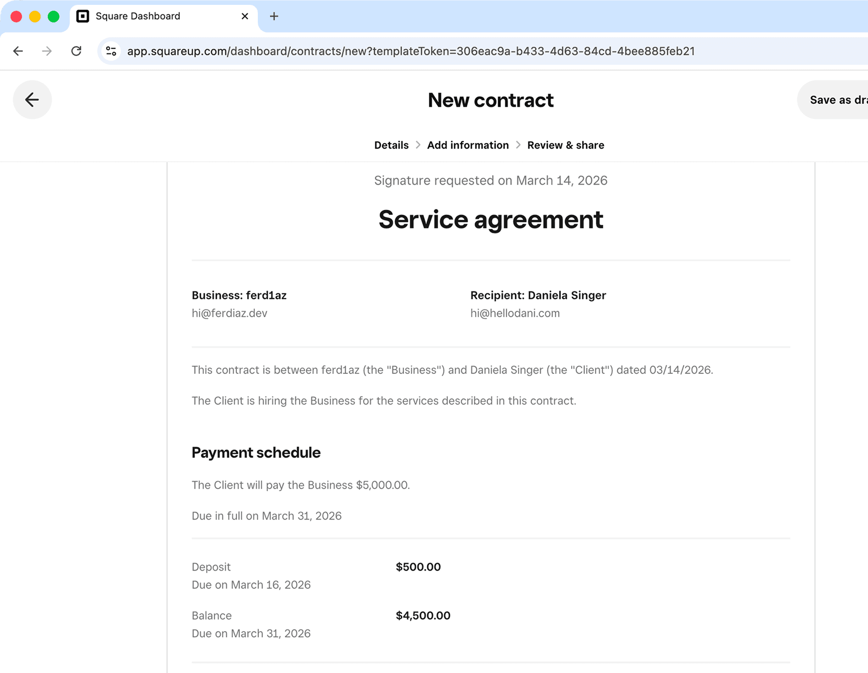 Square Dashboard showing a new contract
