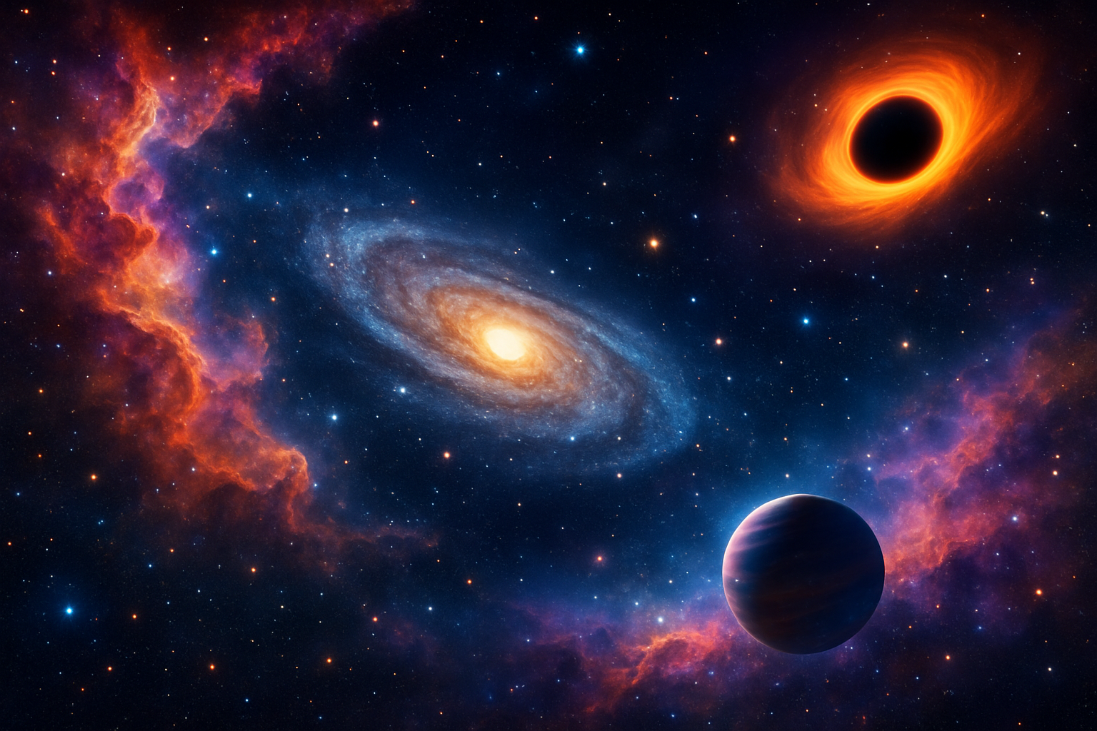 Ilustração do universo com nebulosas, galáxias e estrelas, destacando a curiosidade e descobertas.