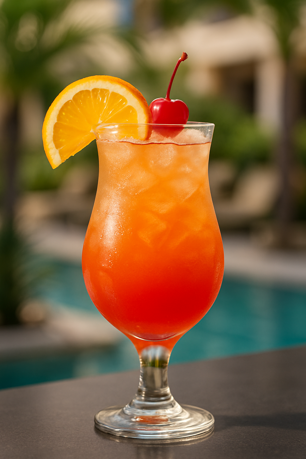 Um vibrante e refrescante coquetel Sex on the Beach em um copo alto, guarnecido com fatia de laranja e cereja, destacando a beleza dos coquetéis coloridos.