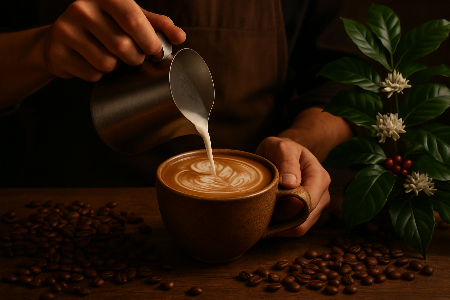 Barista preparando café especial com arte latte, cercado por grãos e uma planta de café, em ambiente acolhedor.