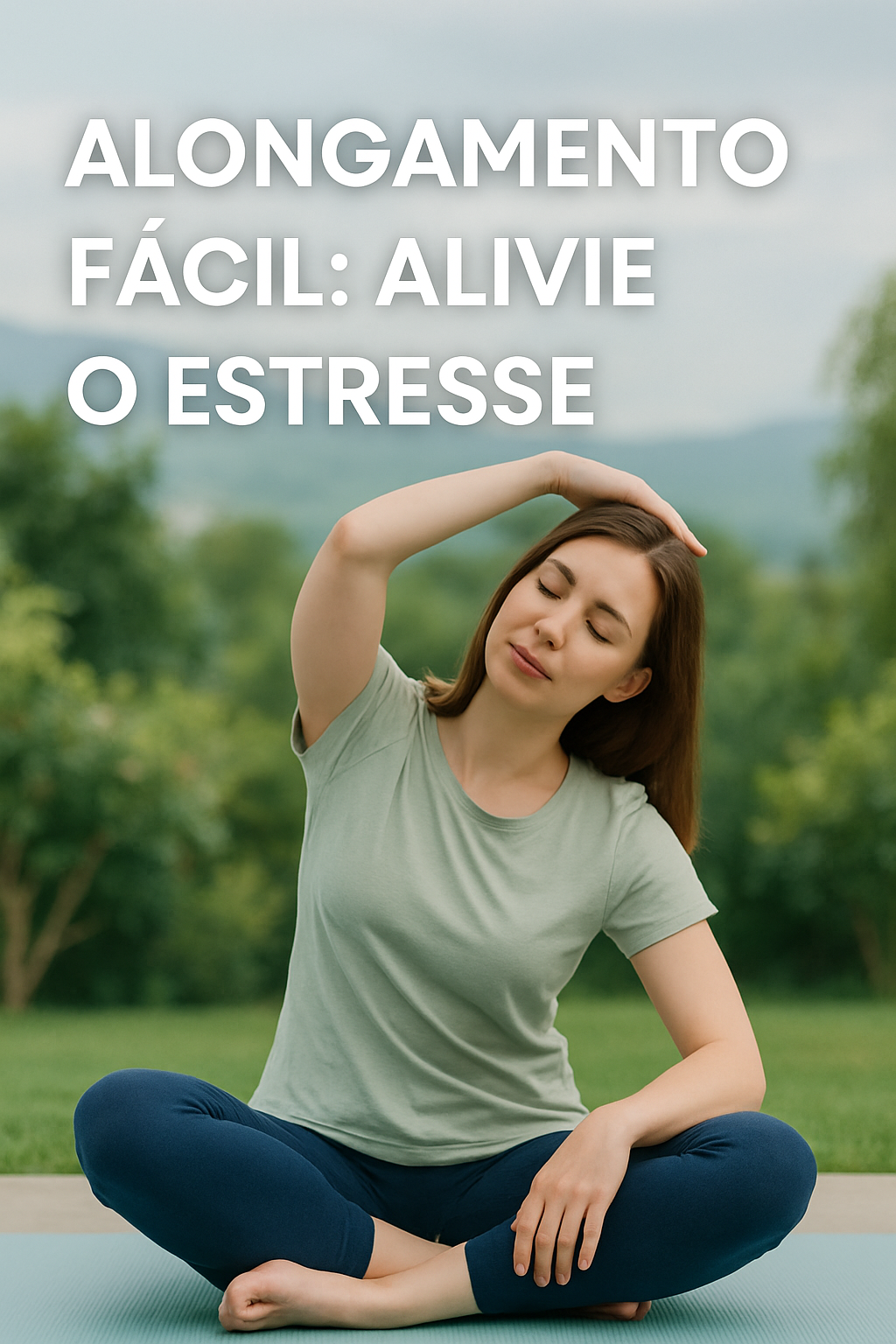 Pessoa jovem e calma fazendo alongamento suave no pescoço e ombros em um ambiente tranquilo, simbolizando o alívio do estresse.