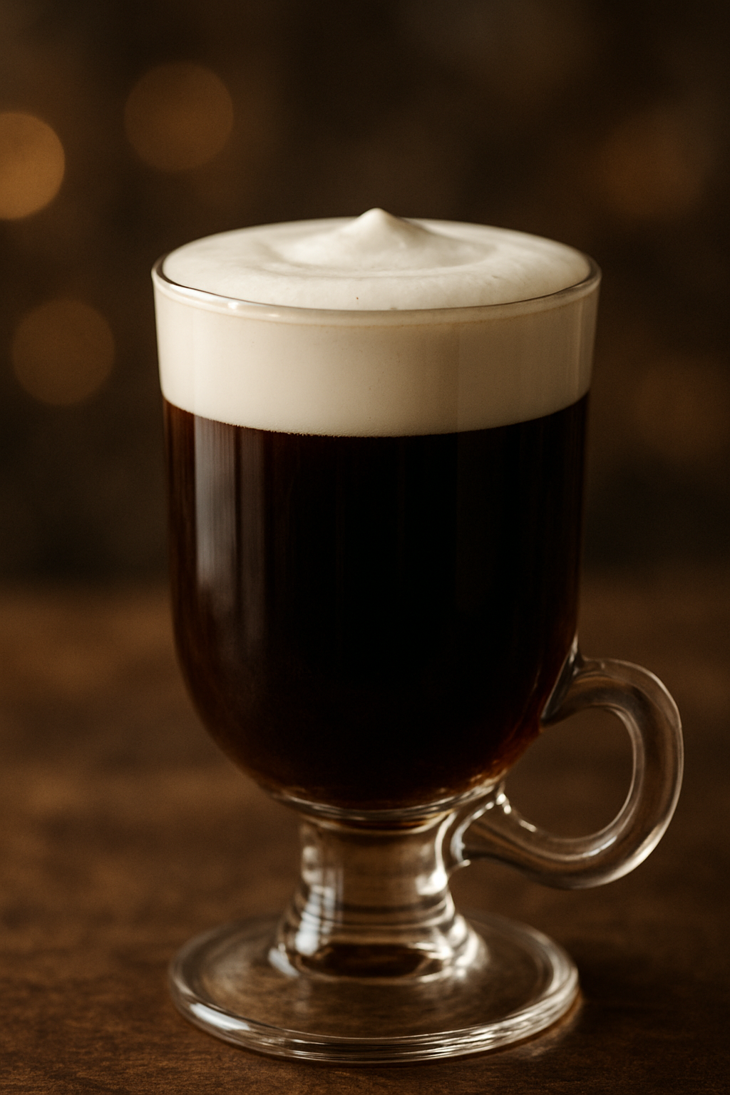 Um clássico coquetel Irish Coffee em um copo de vidro, com creme flutuante, destacando a beleza dos coquetéis.