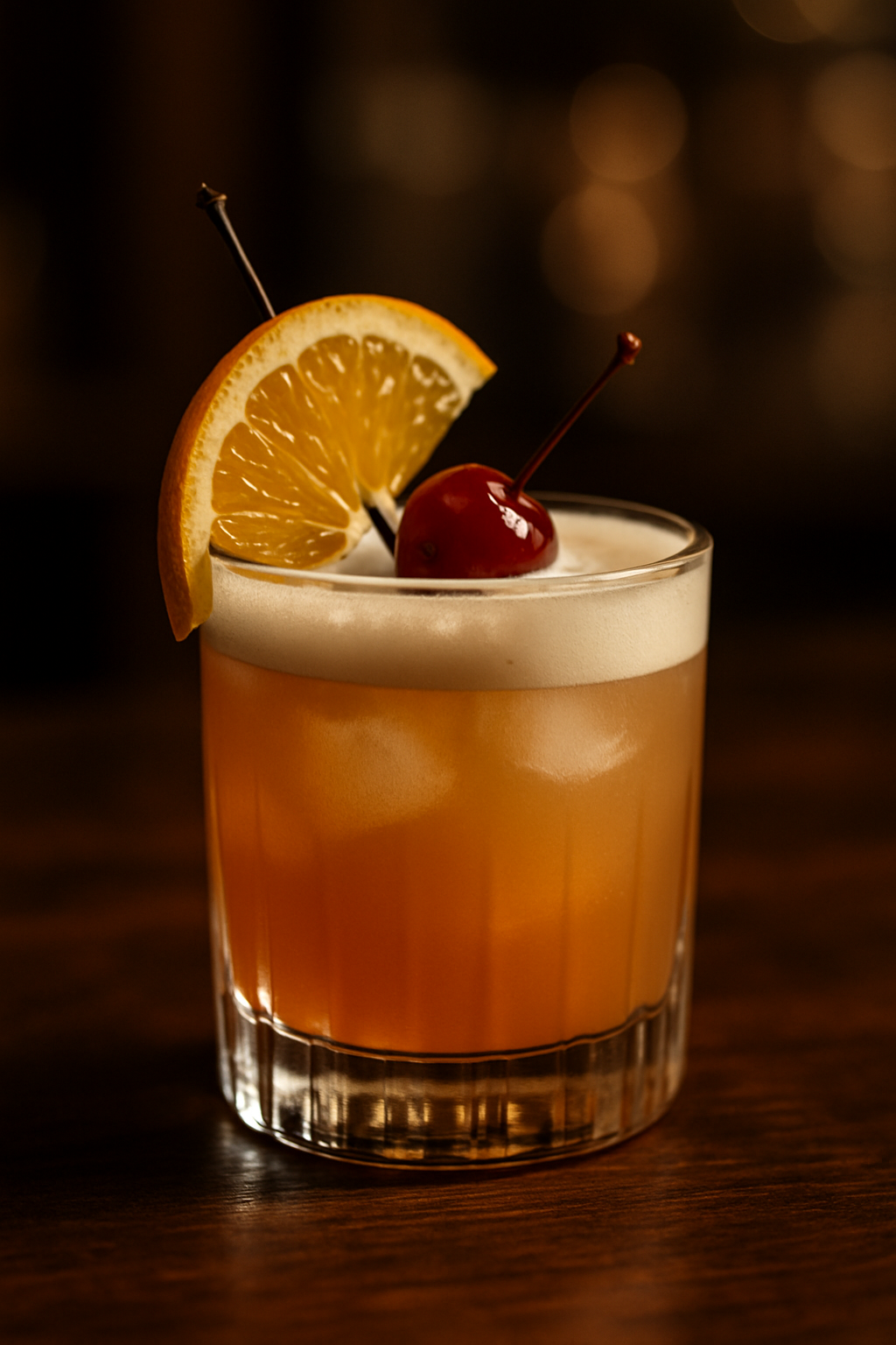 Um elegante coquetel Whiskey Sour em um copo rocks, guarnecido com fatia de laranja e cereja, perfeito para amantes de coquetéis clássicos.
