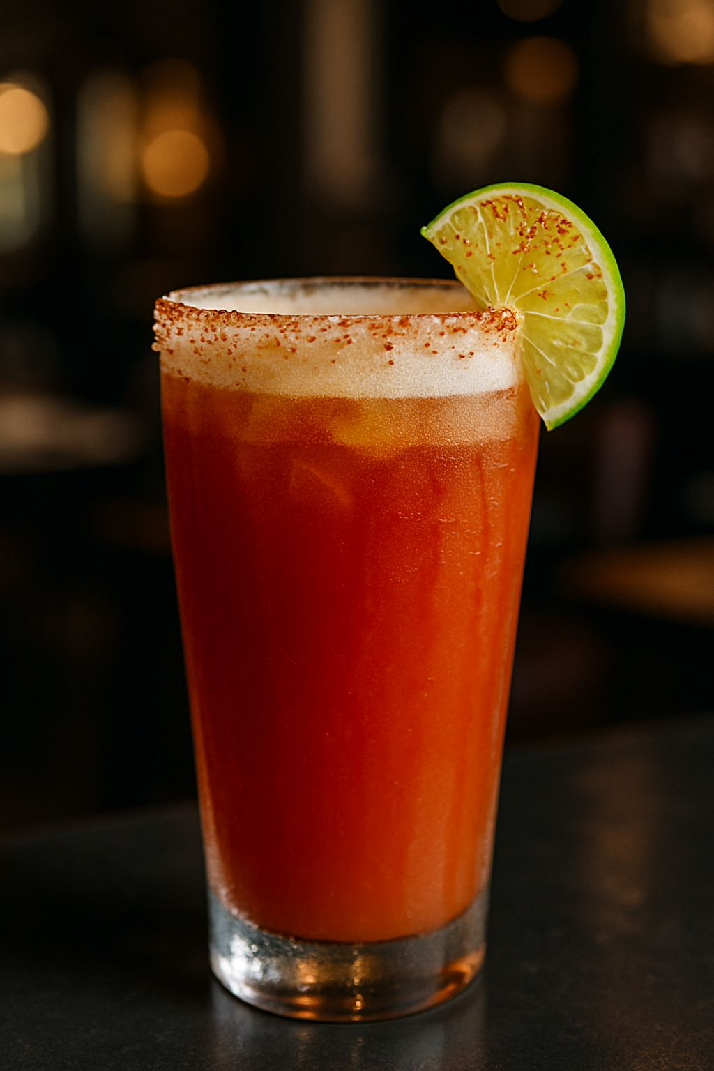 Michelada, coquetel mexicano vibrante e refrescante, em copo gelado com borda de sal, guarnecido com limão.