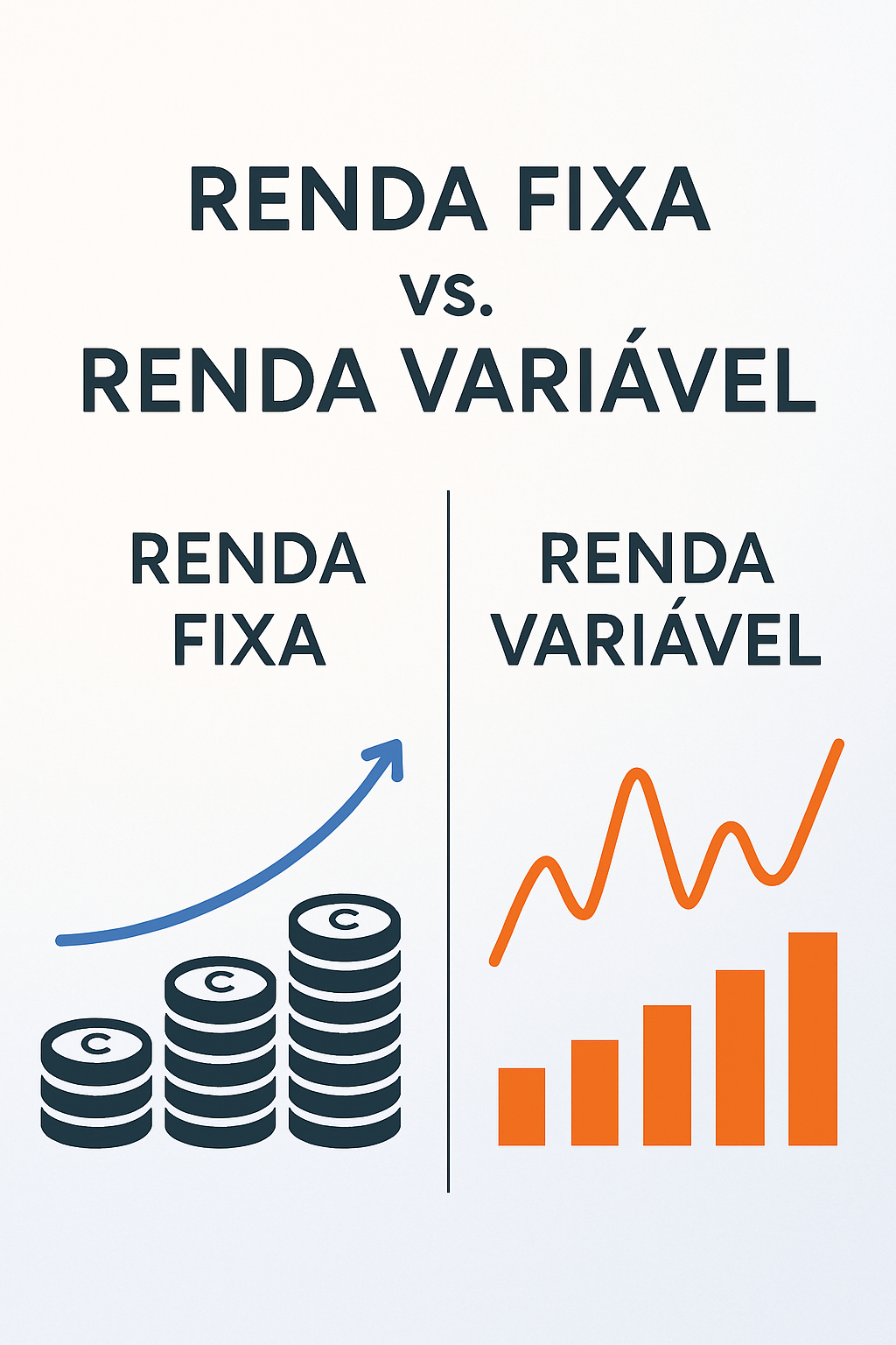 Gráfico comparando lado a lado as características de risco, retorno e liquidez entre investimentos em renda fixa e investimentos em renda variável, com setas indicando as diferenças.