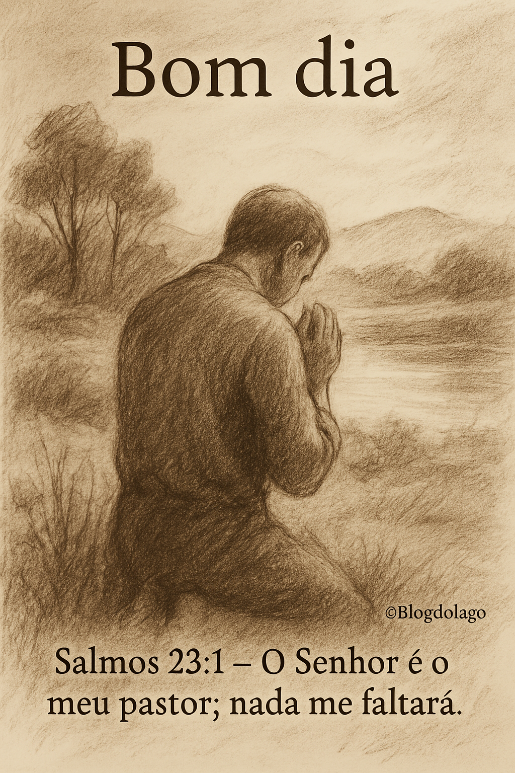 Imagem vertical em estilo desenho a carvão/lápis, tons sépia, mostrando uma figura humana de costas em oração/contemplação em uma paisagem natural serena. No topo, a saudação 