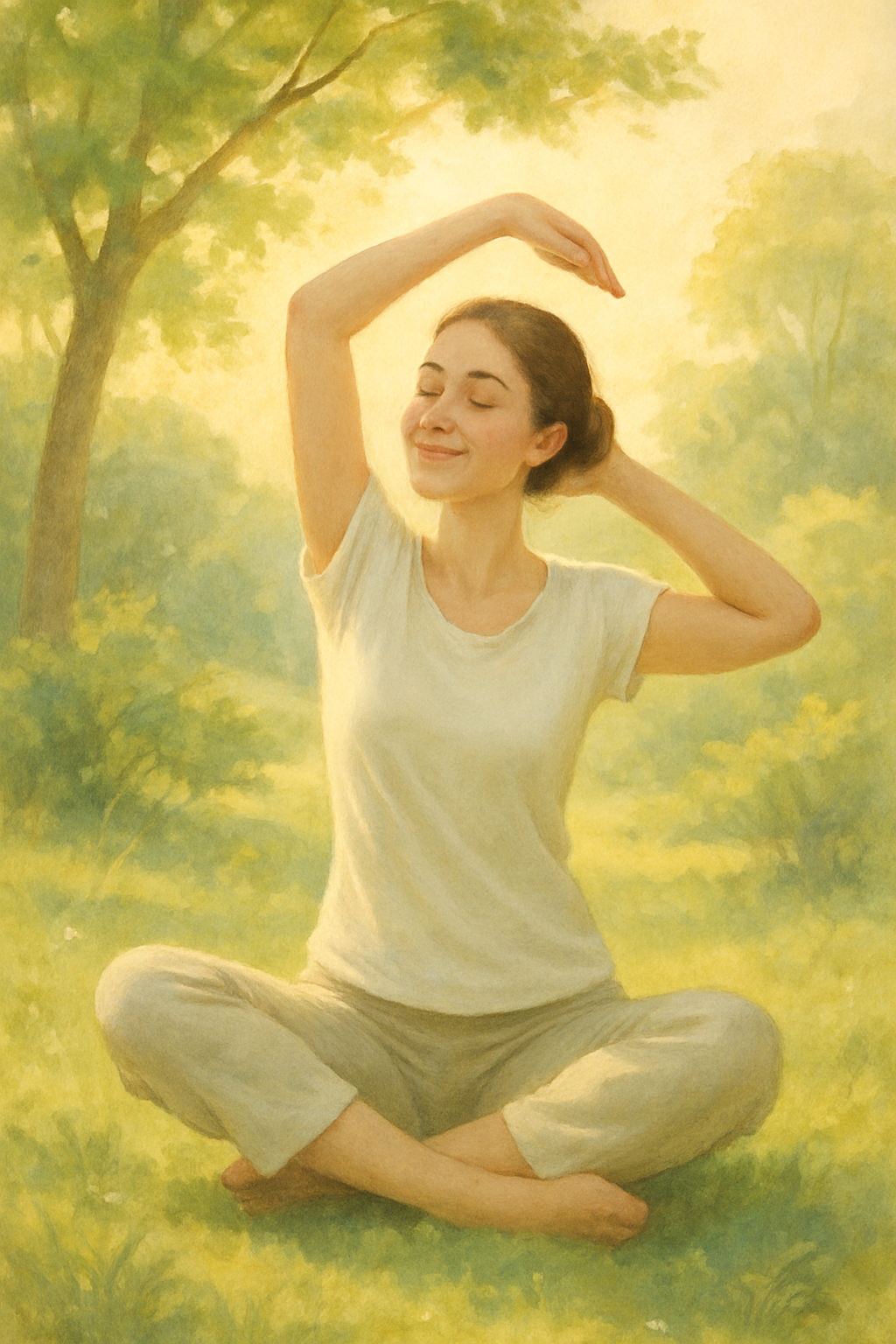 Mulher sorrindo em contato com a natureza, simbolizando saúde e leveza no dia a dia.