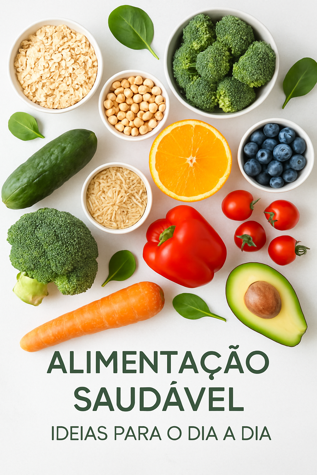 Mesa farta com diversas opções de alimentos saudáveis frescos, como frutas coloridas, vegetais verdes, grãos integrais e nozes, dispostos de forma apetitosa, representando uma alimentação balanceada para o dia a dia.