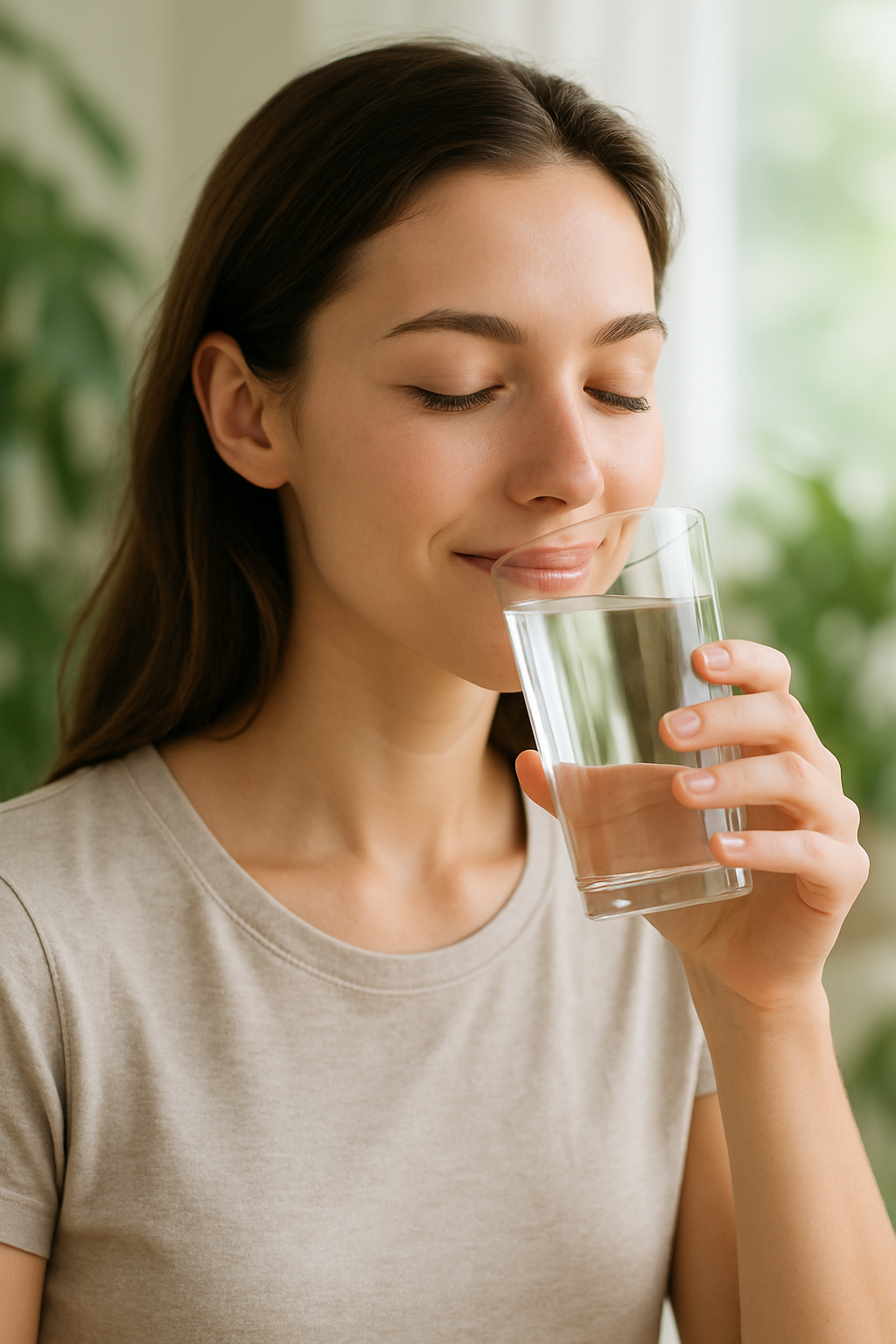 Mulher feliz bebendo água, promovendo hidratação e saúde preventiva.