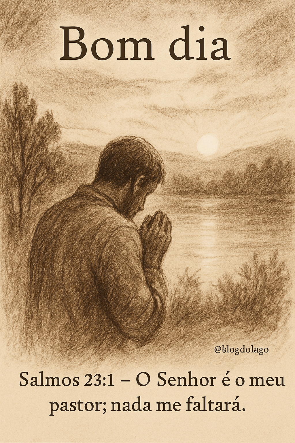 Desenho digital em estilo carvão e lápis com tons sépia e terrosos, mostrando uma pessoa de costas em oração/contemplação em uma paisagem natural ao amanhecer ou entardecer, com a saudação 'Bom dia' no topo e o versículo 'Salmos 23:1 – O Senhor é o meu pastor; nada me faltará' na parte inferior. Inclui marca d'água '@blogdolago'.