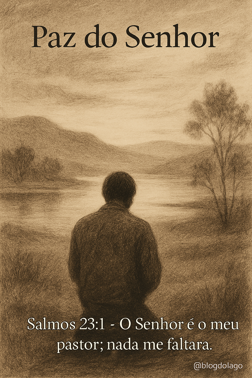 Desenho a carvão e lápis em tons sépia e terrosos, mostrando uma figura humana de costas em oração/contemplação em uma paisagem natural serena. No topo, a saudação 'Paz do Senhor' e na parte inferior, o versículo 'Salmos 23:1 – O Senhor é o meu pastor; nada me faltará.' Marca d'água '@blogdolago' no canto.