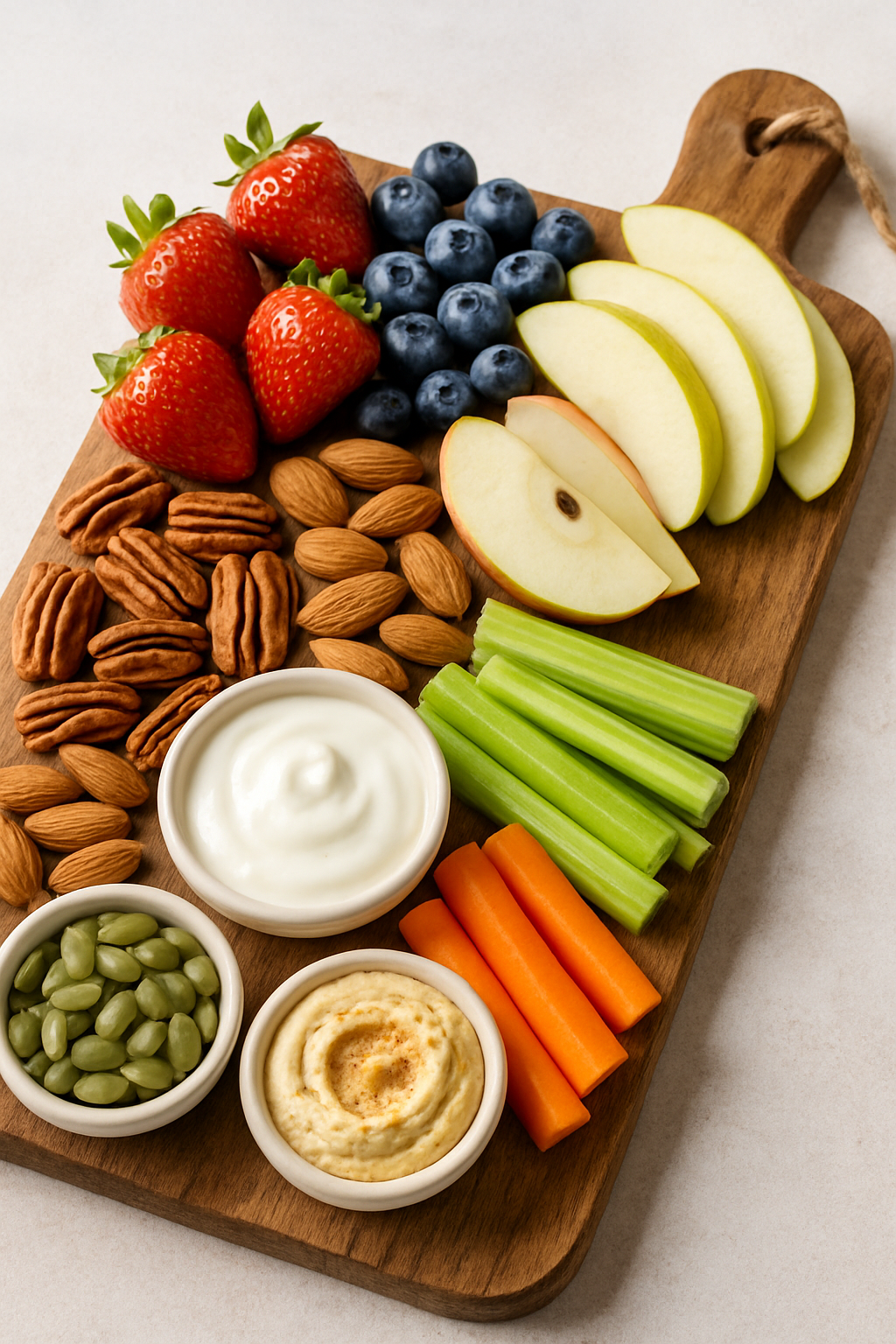 Diversos snacks saudáveis coloridos em uma tábua de madeira rústica, incluindo frutas, nozes, sementes e vegetais com homus, representando uma alimentação equilibrada e bem-estar.