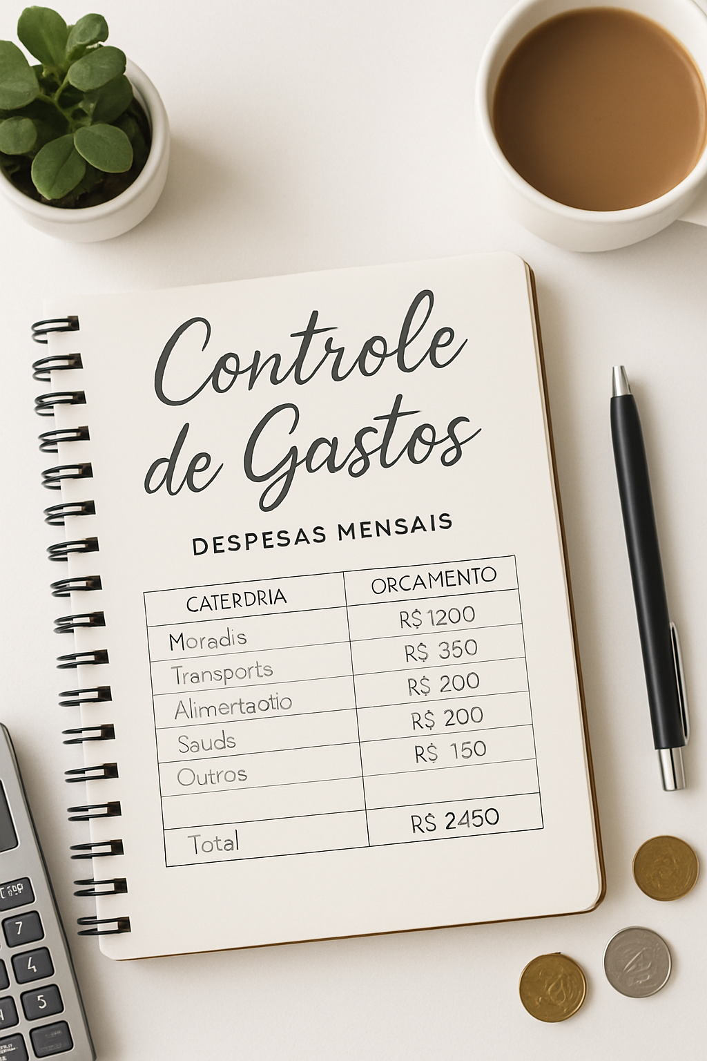Uma pessoa escrevendo em um caderno com uma caneta, representando o ato de controlar gastos mensais de forma manual e organizada. Foco nas mãos e no caderno.