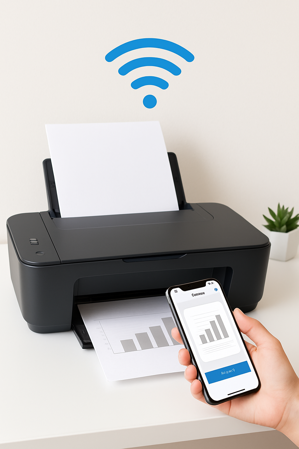 Impressora Wi-Fi moderna conectada a um smartphone