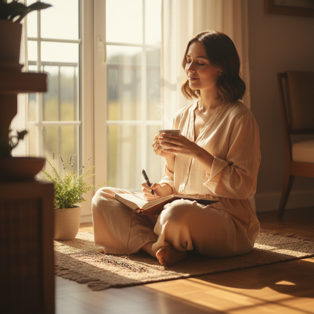 Pessoa meditando tranquilamente em um ambiente sereno, exemplificando uma rotina consciente e bem-estar diário.