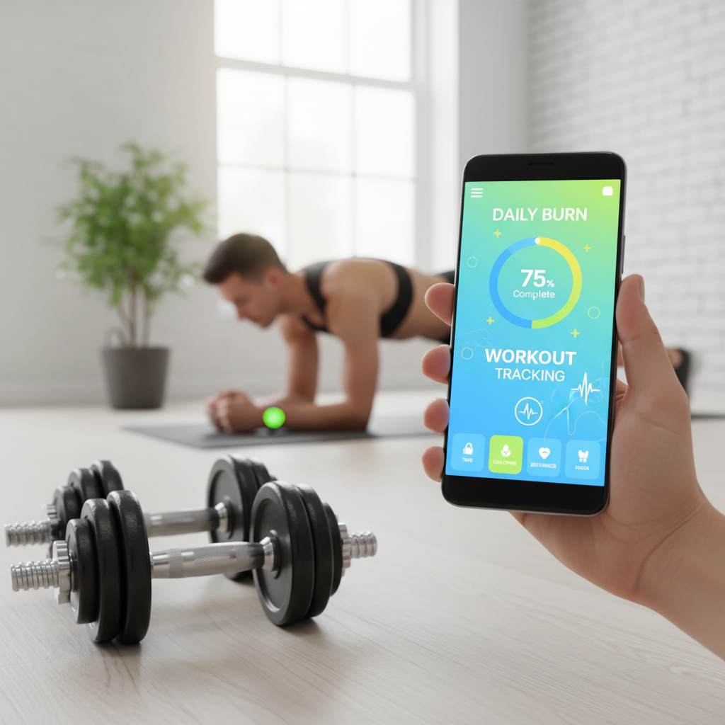 Mulher usando um app de academia no celular durante o treino.