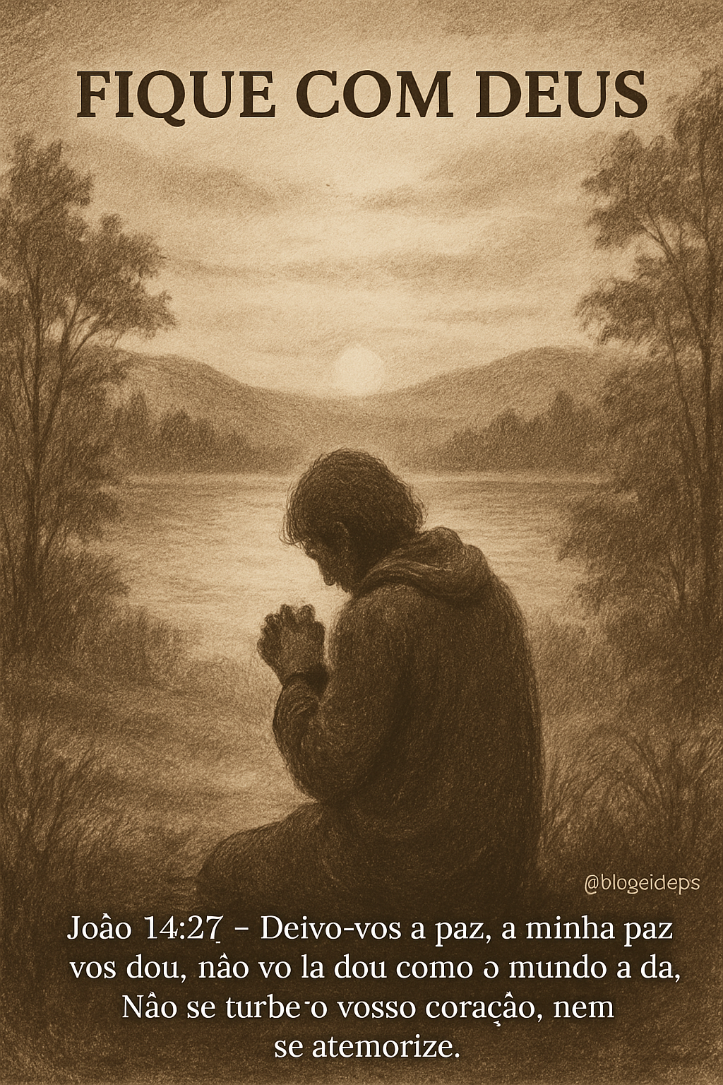 Desenho a carvão e lápis em tons sépia, mostrando uma pessoa de costas em contemplação numa paisagem natural serena. O texto 'Fique com Deus' está no topo e 'João 14:27 – Deixo-vos a paz, a minha paz vos dou; não vo-la dou como o mundo a dá. Não se turbe o vosso coração, nem se atemorize.' na parte inferior. Marca d'água '@blogdolago' discretamente.