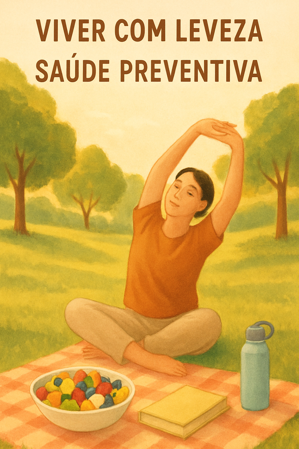 Pessoa fazendo alongamento suave em um parque, com cesta de piquenique e frutas, representando viver com leveza e saúde preventiva.