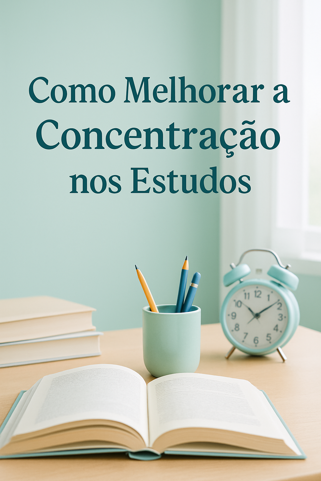Uma jovem focada estudando em uma mesa organizada, cercada por livros e com fones de ouvido, simbolizando concentração e produtividade.