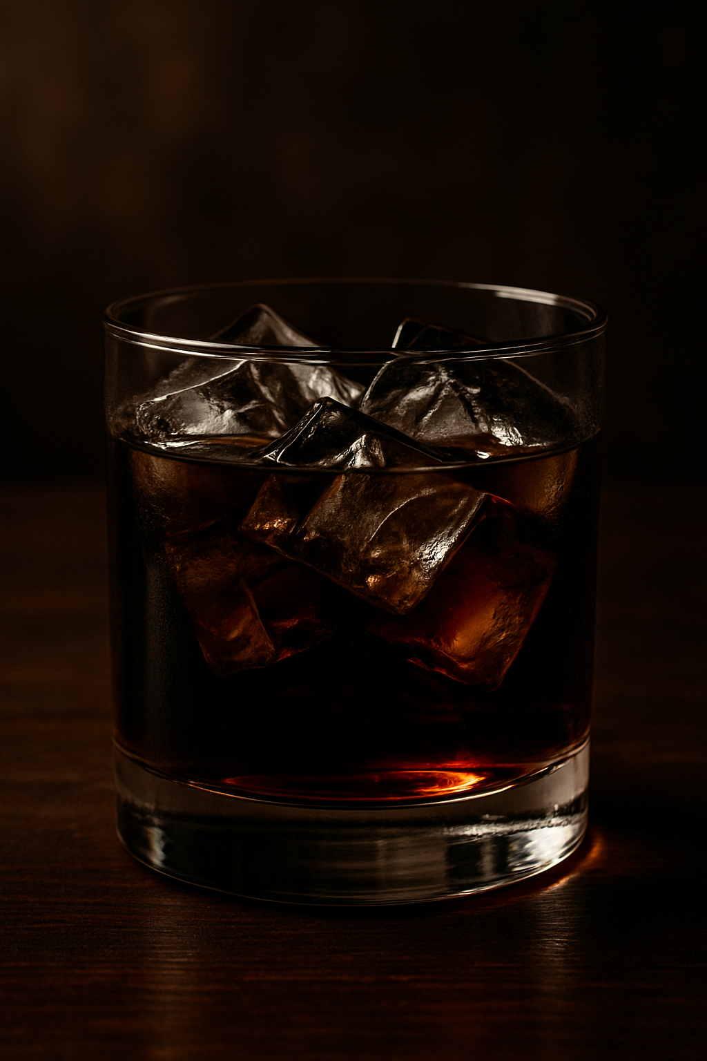 Coquetel Black Russian elegante em um copo old-fashioned, com gelo e um líquido escuro e brilhante, evocando a simplicidade clássica dos coquetéis.