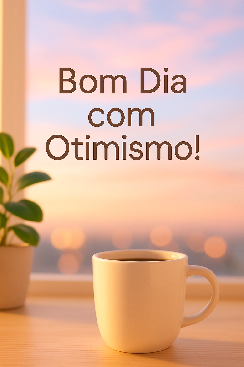Uma xícara de café quente com vapor subindo em frente a uma janela com vista para um nascer do sol dourado, simbolizando um bom dia cheio de otimismo e inspiração.