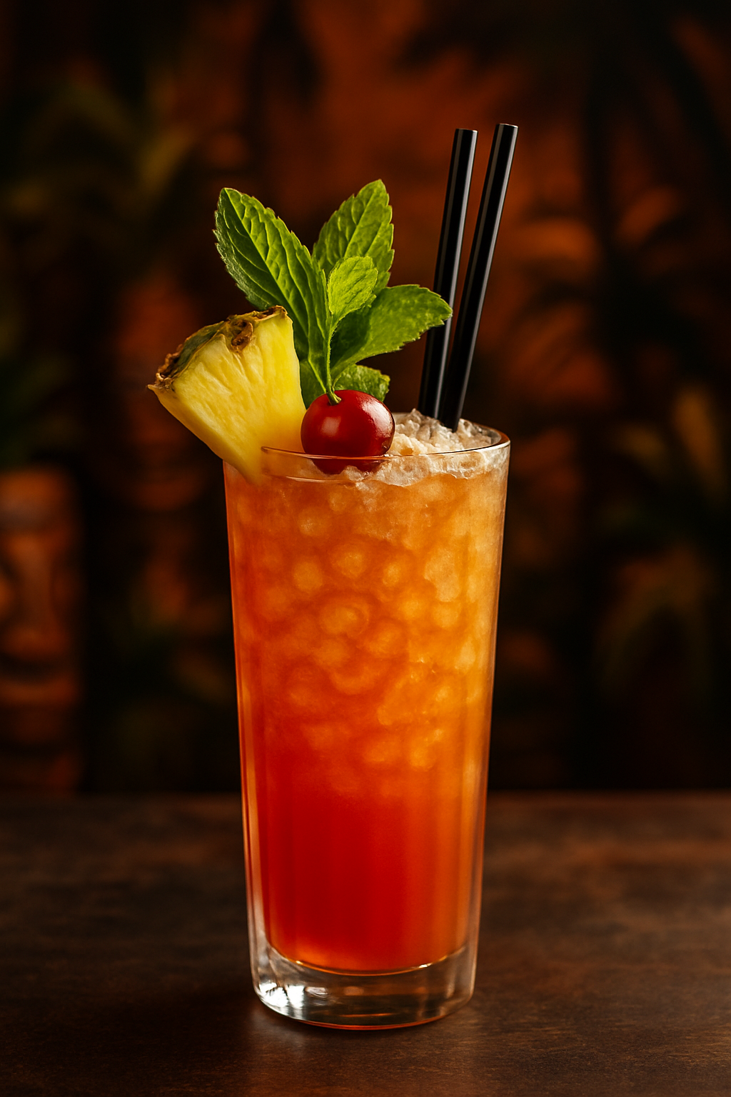 Zombie: O Lendário Coquetel Tropical para Amantes de Coquetéis 2 Coquetel Zombie tropical em copo alto, guarnecido com frutas exóticas, destacando a complexidade e beleza dos coquetéis
