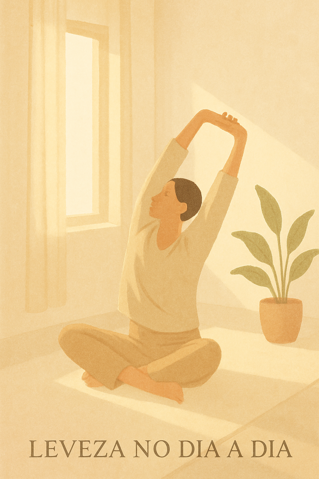 Pessoa fazendo alongamento suave em ambiente iluminado, simbolizando leveza no dia a dia e bem-estar.