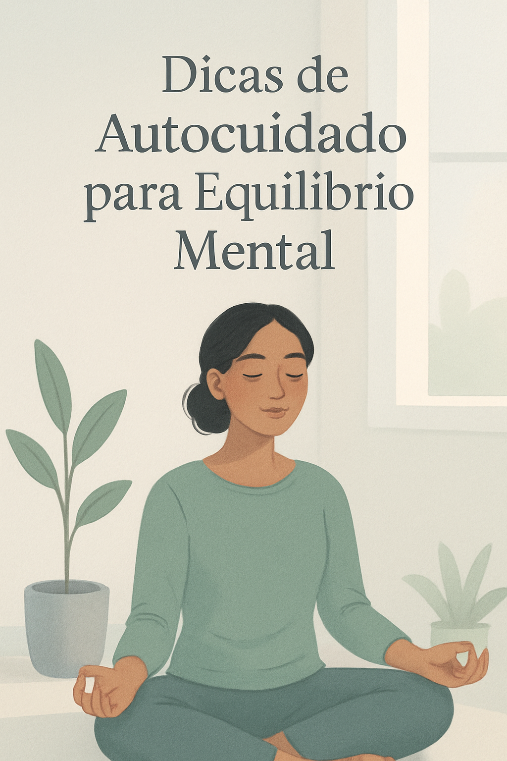 Uma pessoa em posição de meditação serena ao pôr do sol, cercada por elementos da natureza como montanhas e um lago, transmitindo paz e equilíbrio mental.