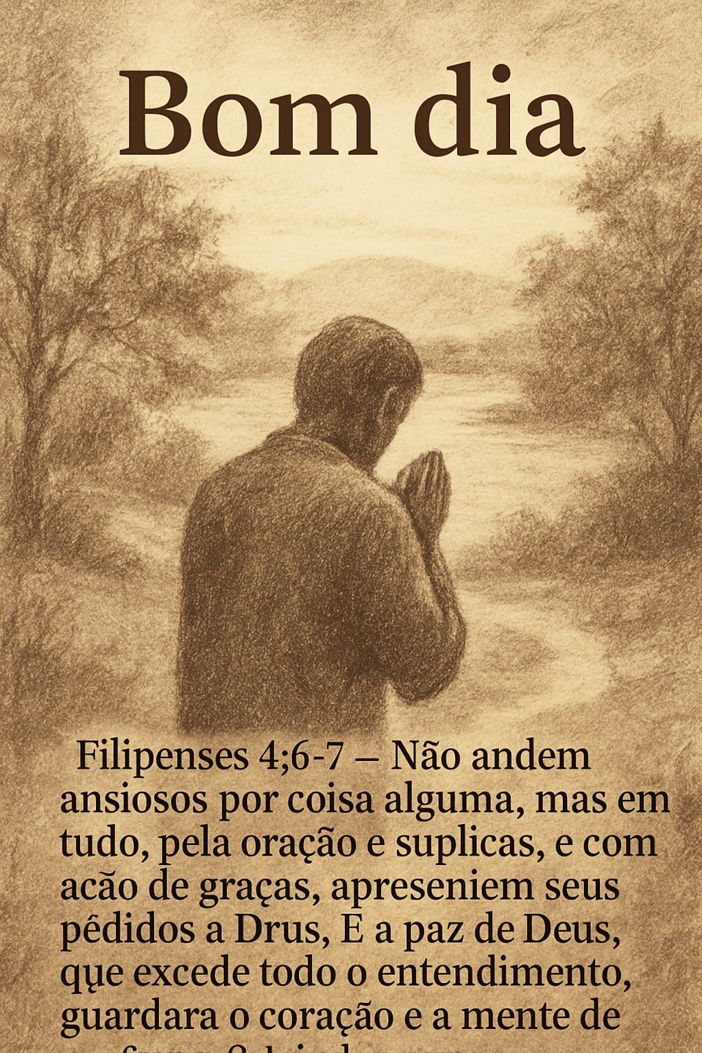 Desenho a carvão/lápis de uma pessoa de costas em oração em uma paisagem natural serena com paleta sépia/terrosa. No topo, a saudação 'Bom dia' e na parte inferior o versículo 'Filipenses 4:6-7'. Marca d'água '@blogdolago'.