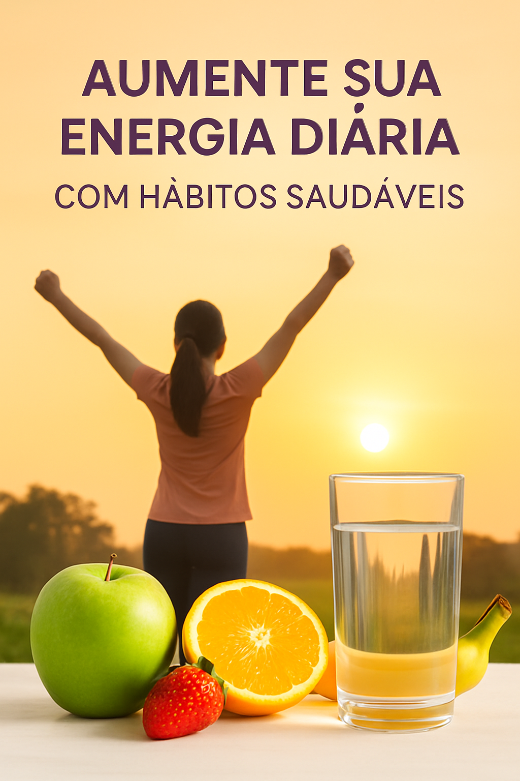 Mulher sorridente e energizada praticando ioga ao nascer do sol, simbolizando vitalidade e bem-estar.