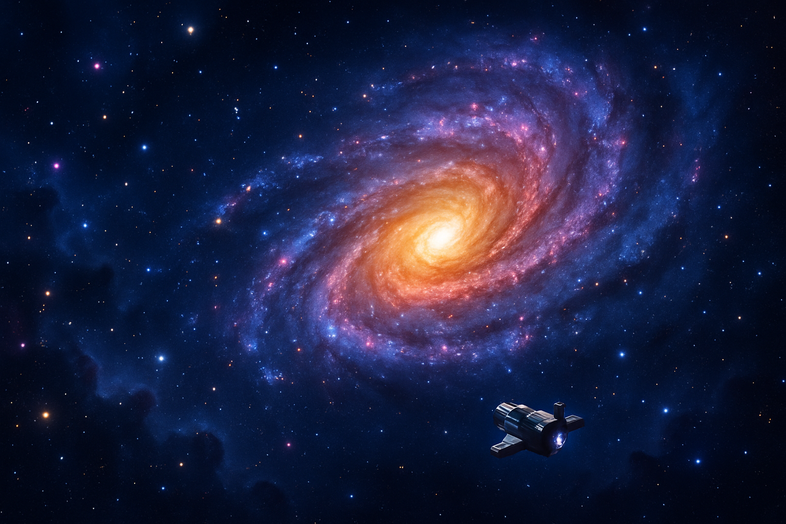 Desvende os Mistérios do Espaço: Curiosidades Fascinantes do Universo 2 Galáxia espiral vibrante com uma nave espacial no primeiro plano, evocando a vastidão e os mistérios do espaço.