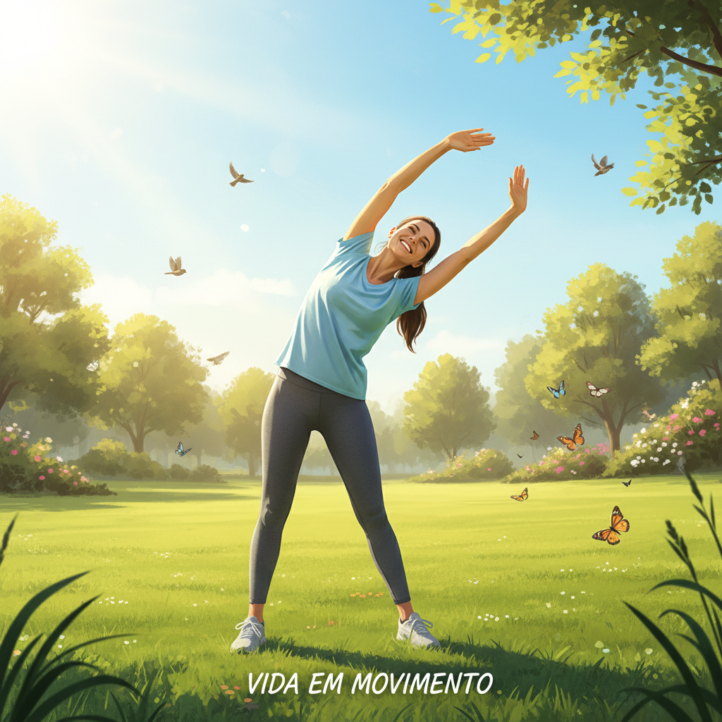 Pessoa alongando em um parque, simbolizando uma vida em movimento e bem-estar diário.