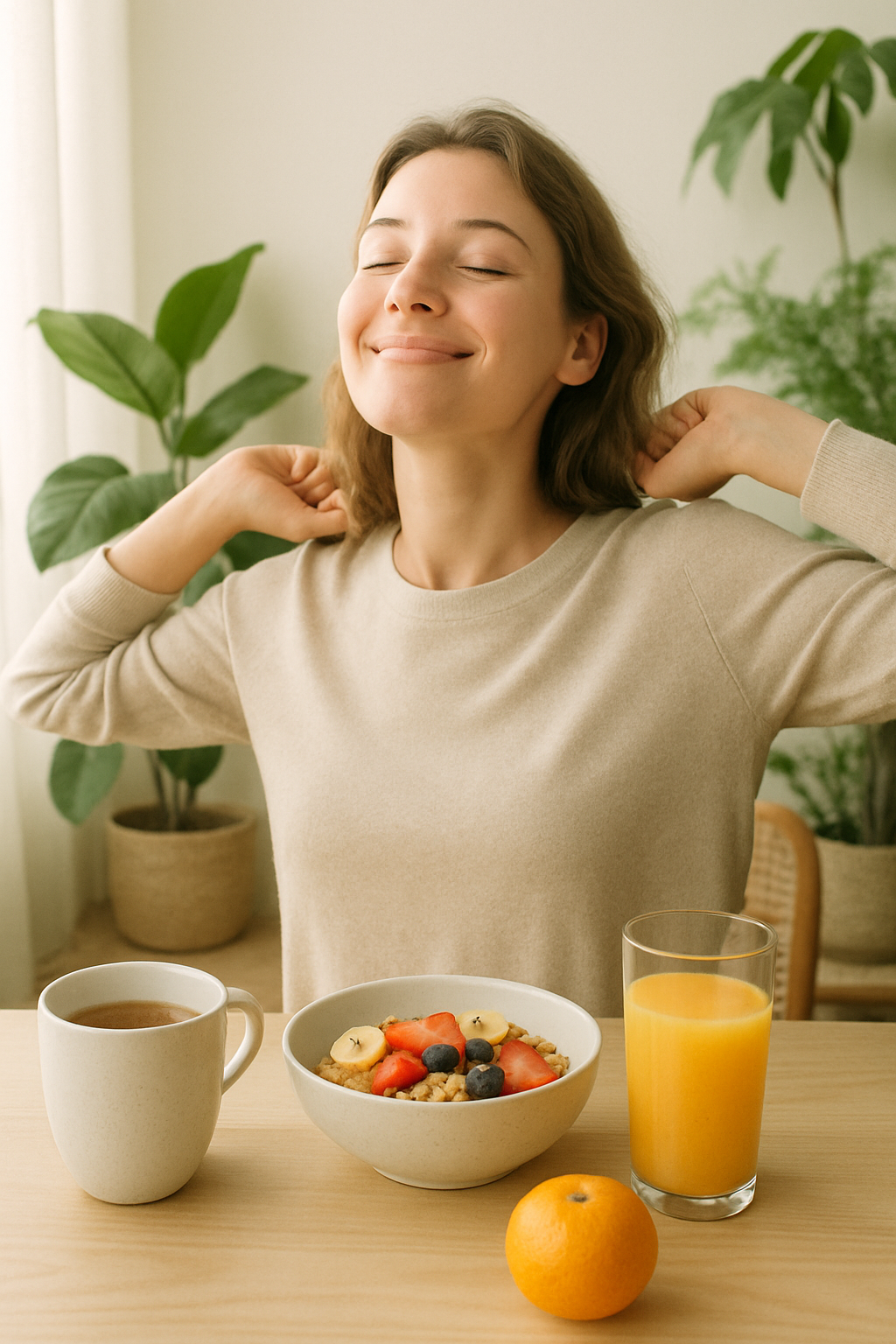 7 Hábitos para Turbinar Sua Energia Natural Diária 2 Pessoa serena com café da manhã saudável e plantas, representando energia natural e bem-estar.