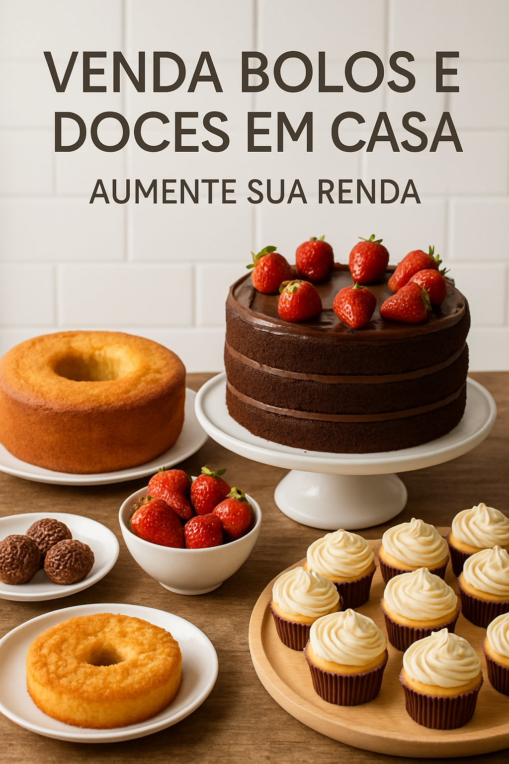 Uma mesa cheia de bolos e doces caseiros deliciosos e coloridos, prontos para a venda, com um fundo desfocado que sugere um ambiente acolhedor de cozinha.