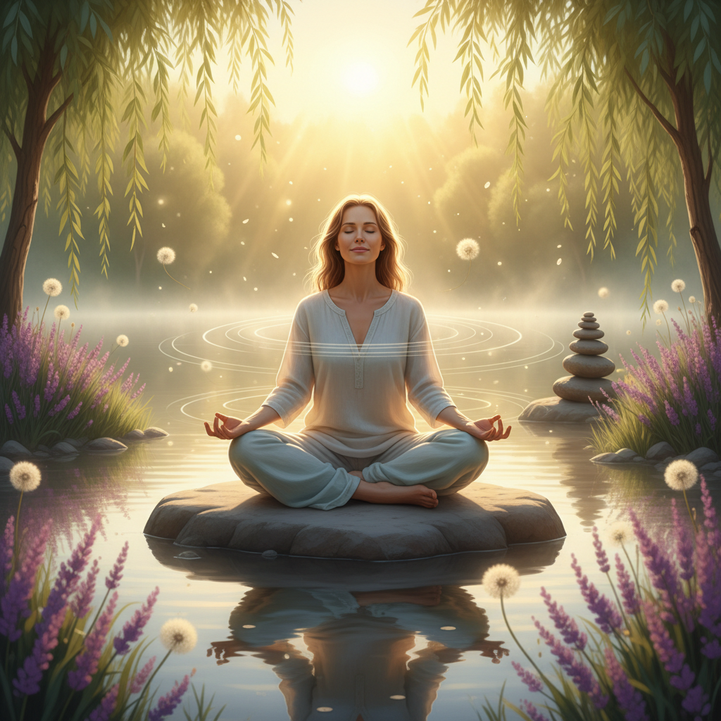 Pessoa em pose calma e serena, meditando em meio à natureza, representando o equilíbrio emocional e bem-estar.