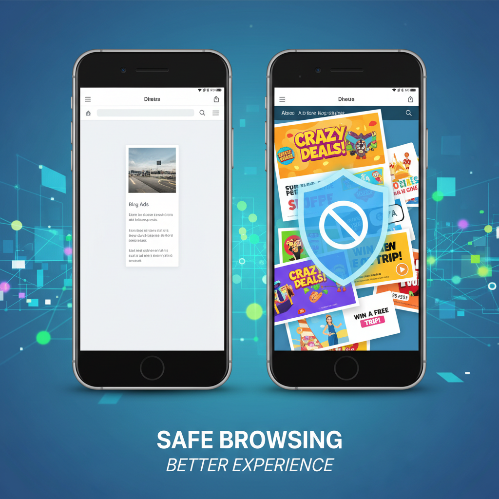 Smartphone com tela limpa e outro com muitos anúncios, simbolizando o Bloqueador de anúncios em ação.