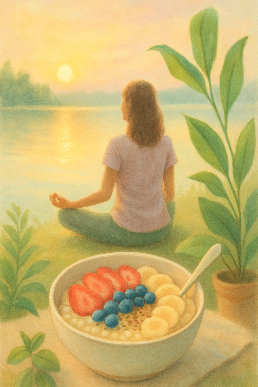 Mulher meditando ao nascer do sol, simbolizando a saúde integrativa leve e bem-estar