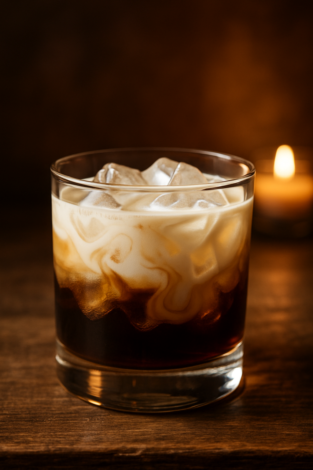 Coquetel White Russian cremoso e elegante em copo baixo com gelo.