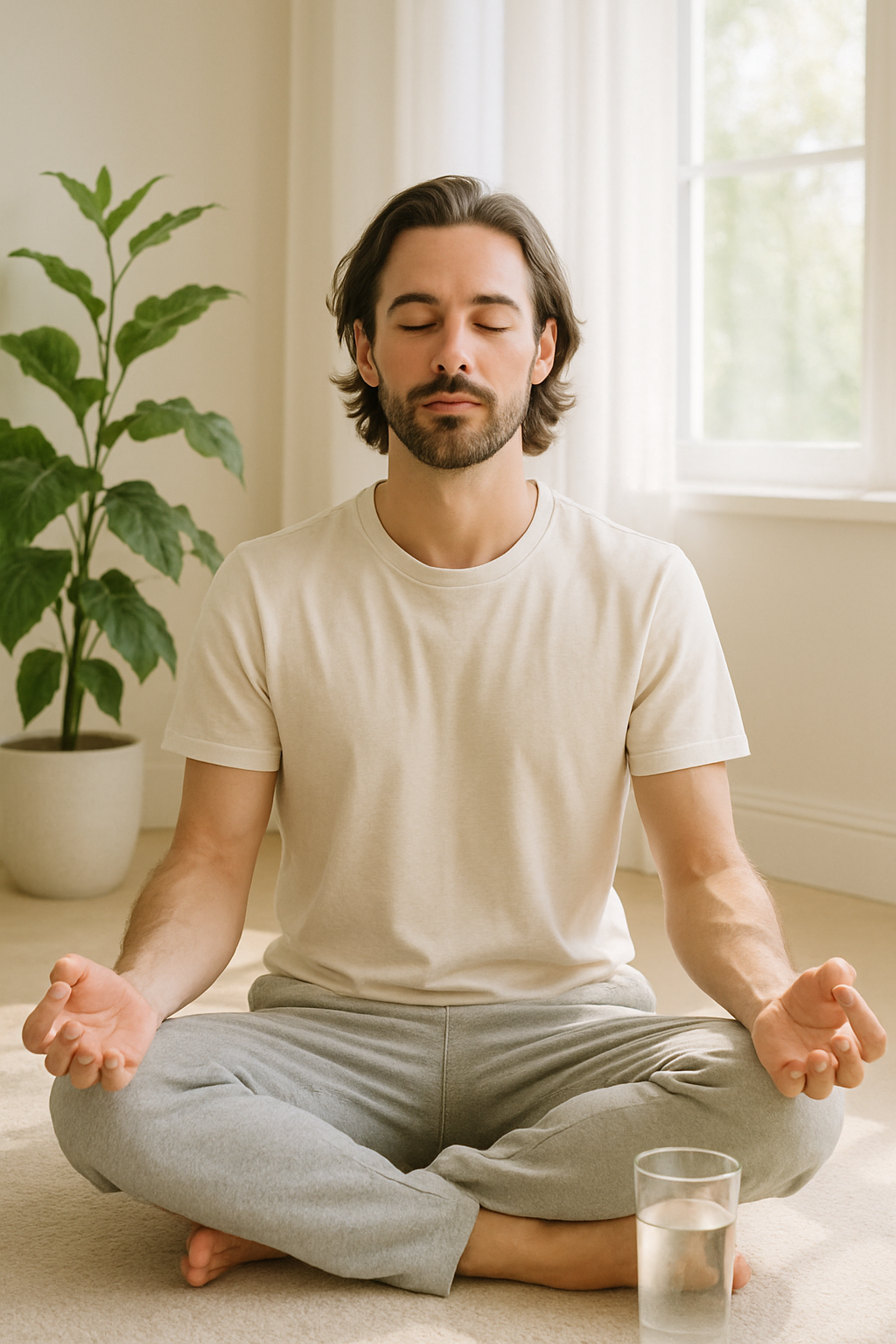 Mulher meditando calmamente em um ambiente sereno, simbolizando o equilíbrio na rotina e o bem-estar.