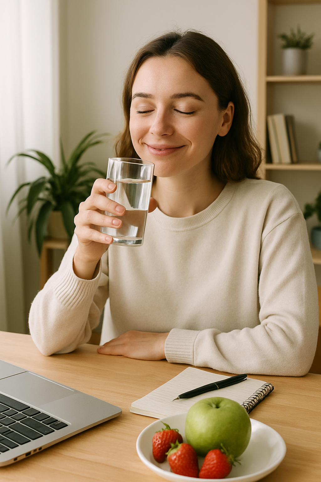 Pessoa sorrindo em um ambiente de trabalho sereno, com água e frutas na mesa, promovendo o bem-estar no trabalho.