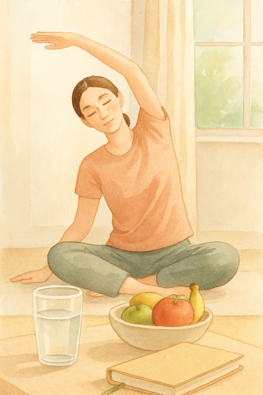 Mulher fazendo alongamento em um ambiente tranquilo com frutas e água, simbolizando a saúde leve e o bem-estar diário.