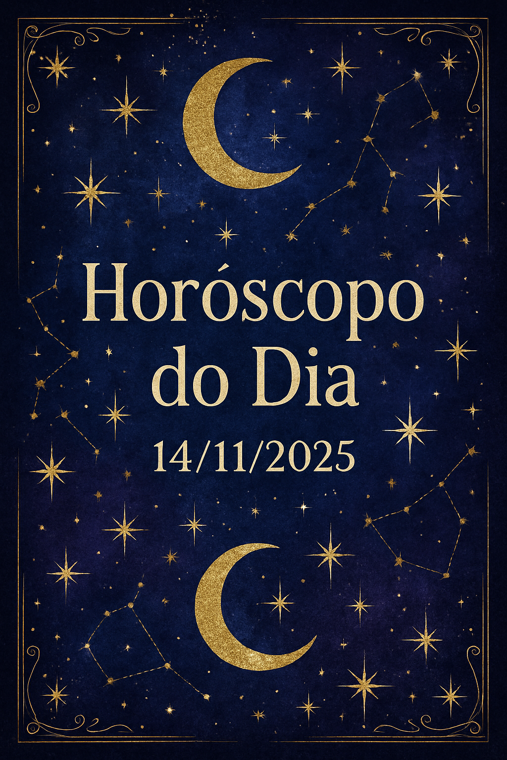 Horóscopo do Dia 14/11/2025 - Estética mística em tons roxo e azul com detalhes em ouro e prata.