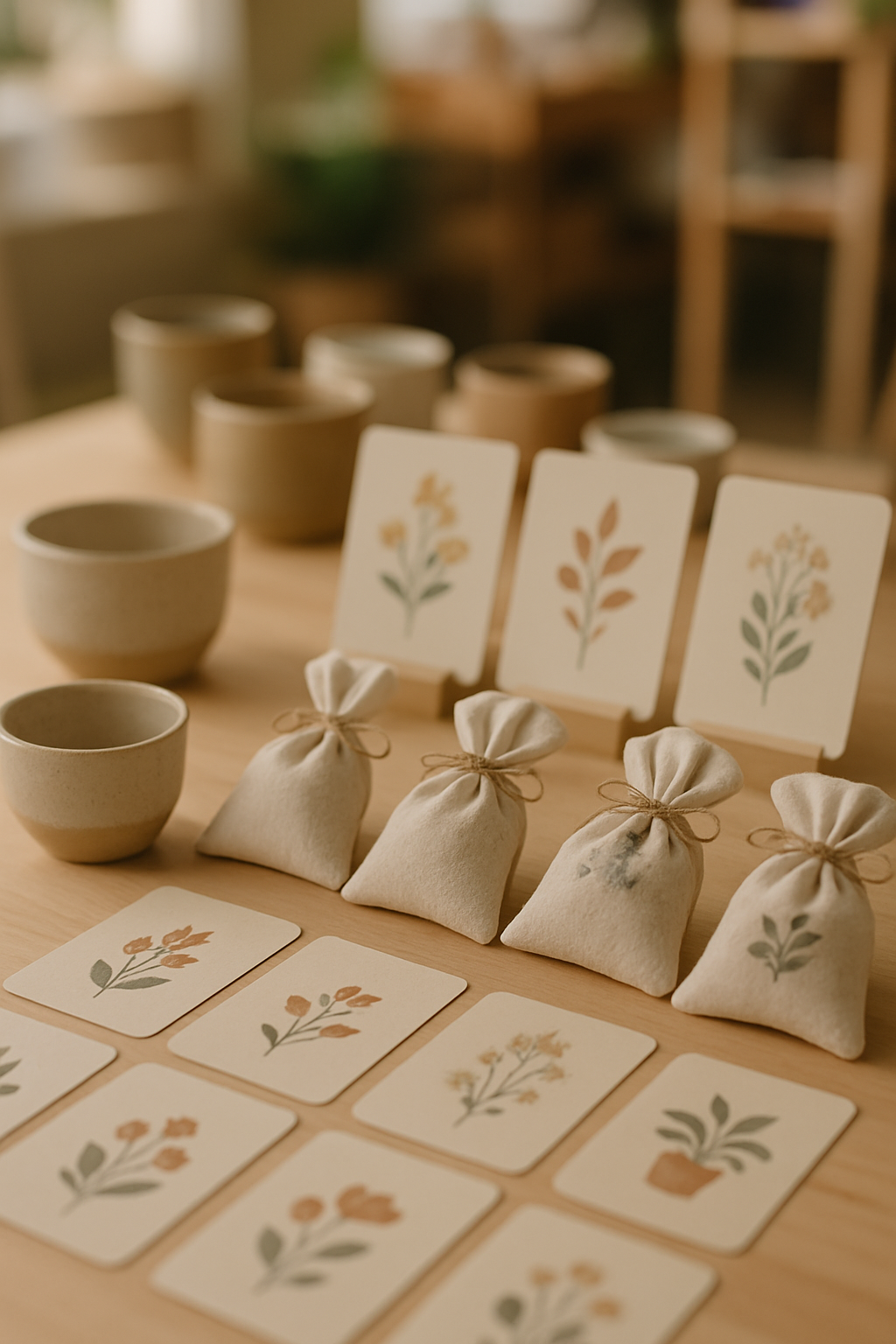 Ideias de Produtos Artesanais Fáceis de Vender no Bairro 2 Uma variedade de produtos artesanais coloridos e atraentes dispostos em uma mesa rústica, com um fundo desfocado de um bairro acolhedor e casas ao fundo, simbolizando a venda local. Os produtos incluem velas, sabonetes, pequenos vasos com suculentas, e biscoitos caseiros.
