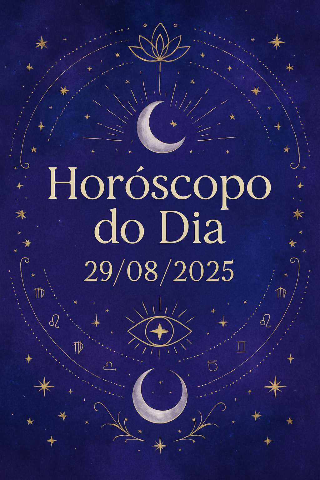 Horóscopo do Dia 29/08/2025: Imagem mística com tons de roxo e azul e detalhes em ouro e prata.