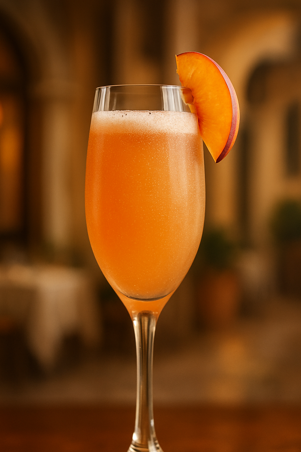 Bellini Perfeito: A Elegância dos Coquetéis Italianos em Sua Casa 🥂 2 Bellini cocktail em taça flute, com fatia de pêssego e fundo suave, realçando a beleza dos coquetéis italianos.