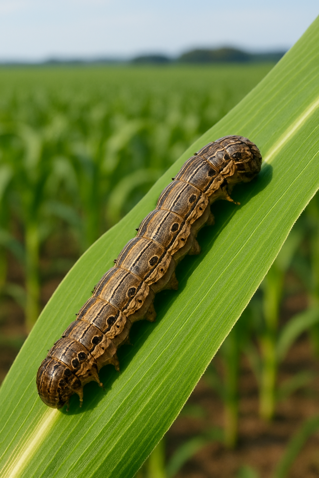 Lagarta-do-cartucho Spodoptera frugiperda atacando folha de milho, com danos visíveis