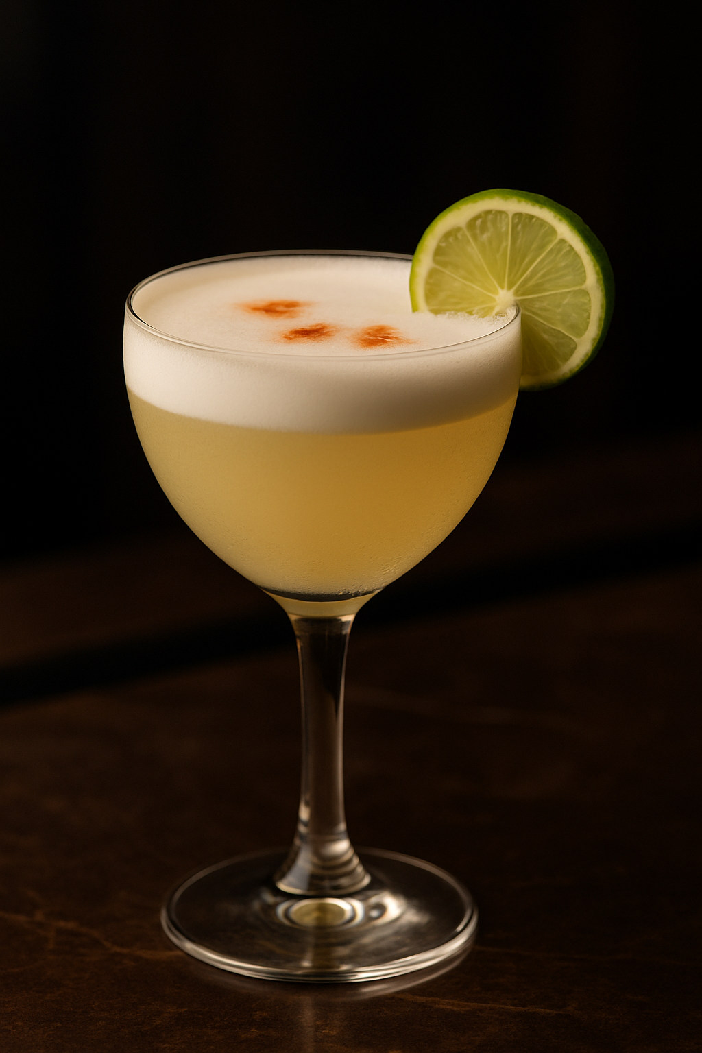 Pisco Sour perfeito com espuma cremosa e Angostura, um dos coquetéis mais icônicos.