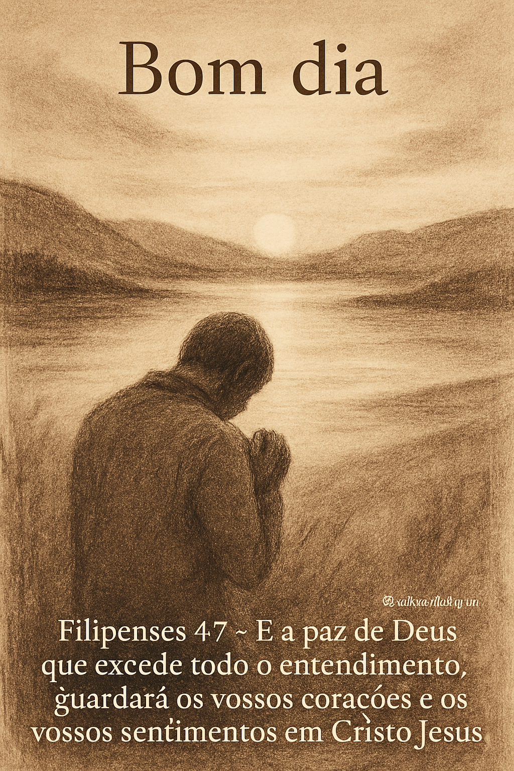 Desenho a carvão e lápis em tons sépia e terrosos, mostrando uma figura humana de costas em oração/contemplação, em paisagem natural tranquila. A saudação 'Bom dia' está no topo e o versículo 'Filipenses 4:7 – E a paz de Deus, que excede todo o entendimento, guardará os vossos corações e os vossos sentimentos em Cristo Jesus.' no rodapé. Marca d'água '@blogdolago'.