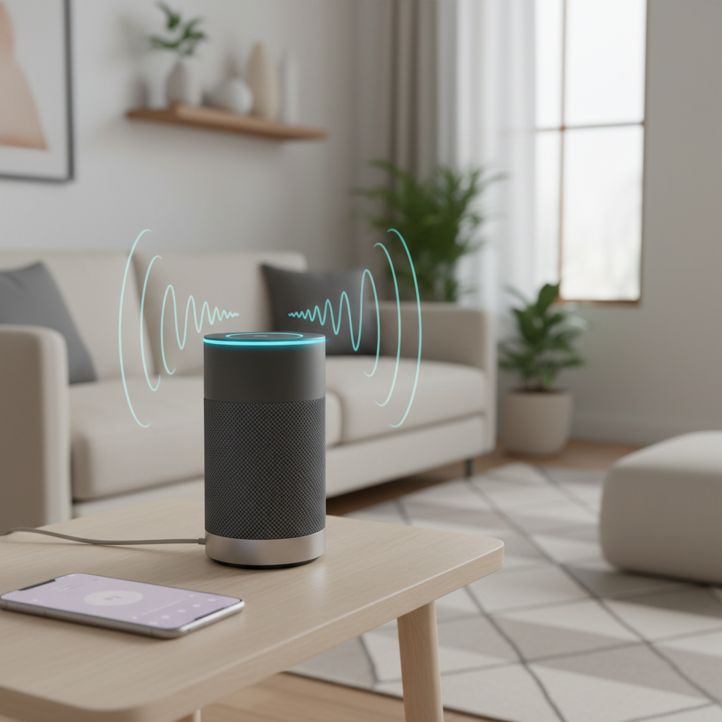 Smart Speaker em ambiente moderno com assistente de voz ativado
