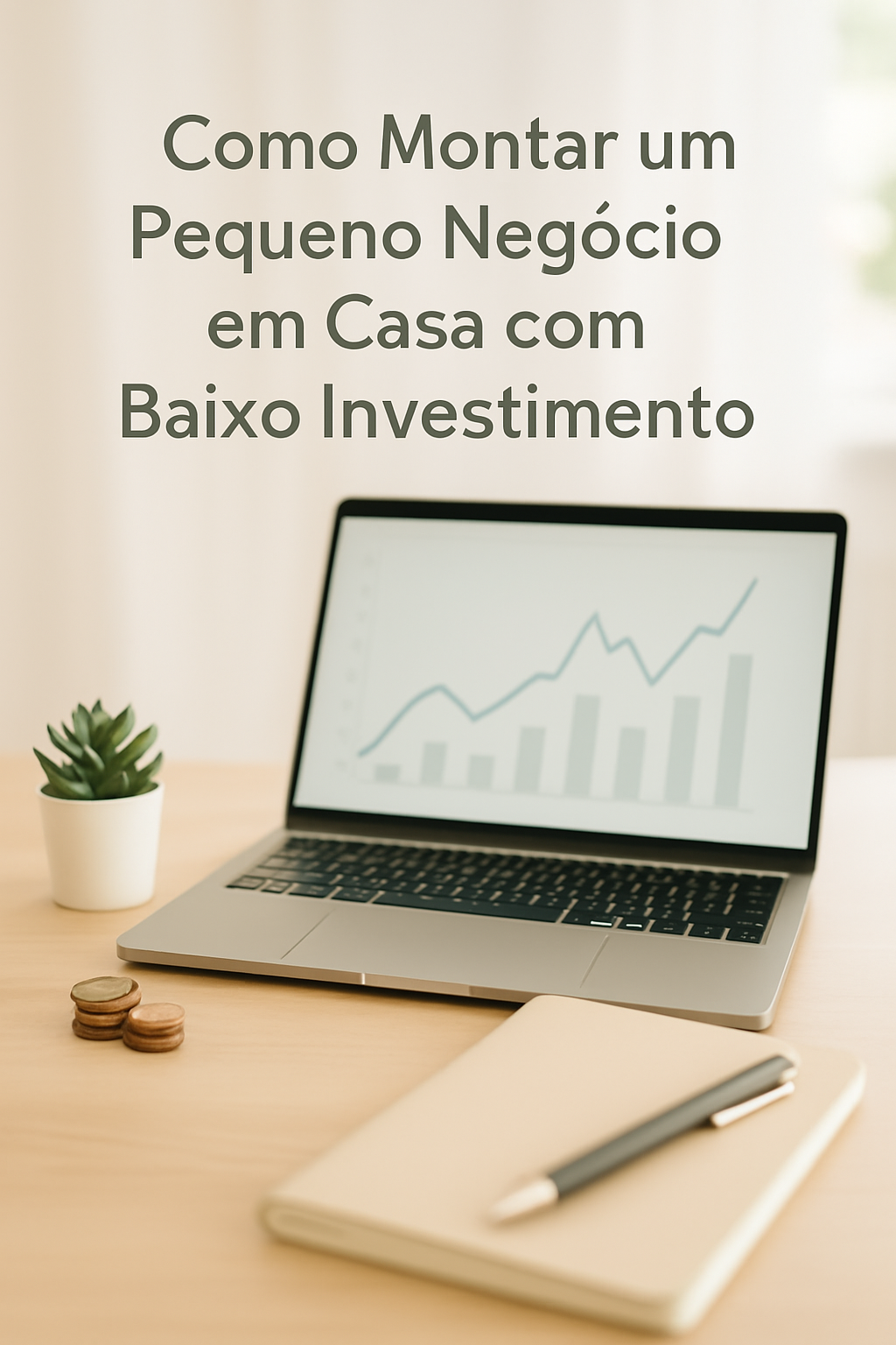 Uma pessoa sorrindo e trabalhando em um laptop em uma mesa aconchegante em casa, com anotações e uma xícara de café ao lado, simbolizando o conforto e a praticidade de um negócio domiciliar com baixo custo.